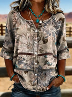 Women's Retro Floral Print Casual Hollow-out Denim Shirt