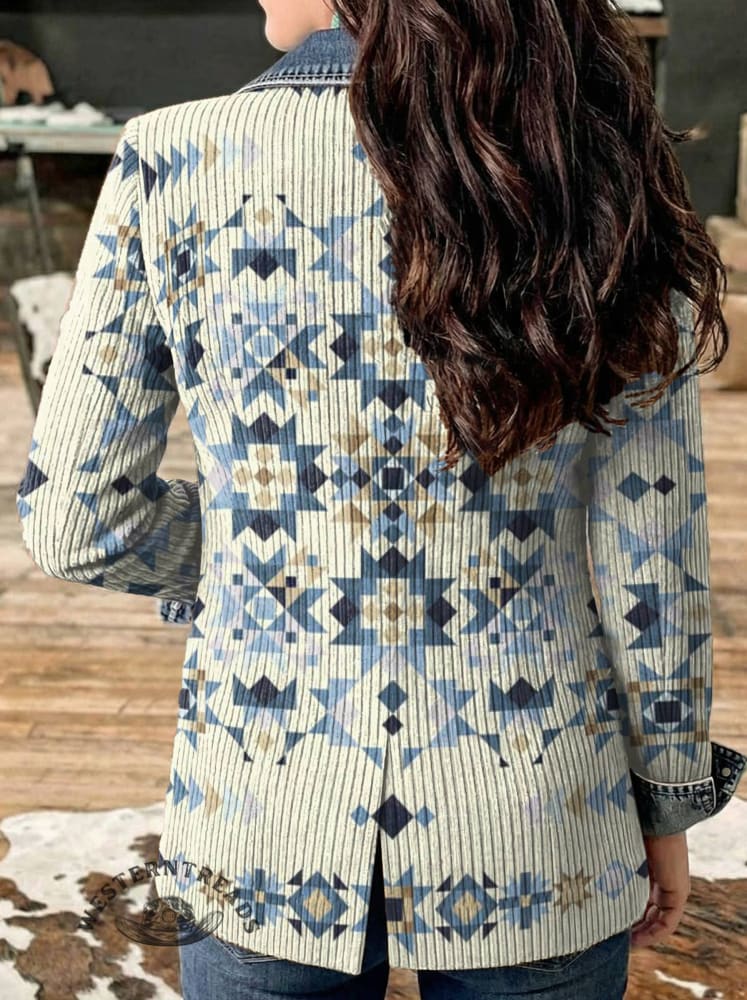 Aztec Print Patchwork Denim Sweater