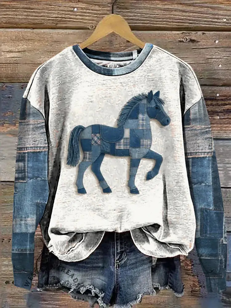 Denim Western Horse Print Casual Cotton Patchwork Sweatshirt