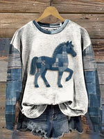 Denim Western Horse Print Casual Cotton Patchwork Sweatshirt