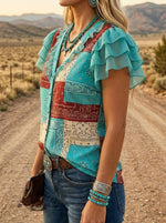 Vintage Paisley Art Print V-Neck Ruffle Casual Shirt