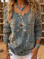 Floral Art Print Buttoned Cardigan Sweater