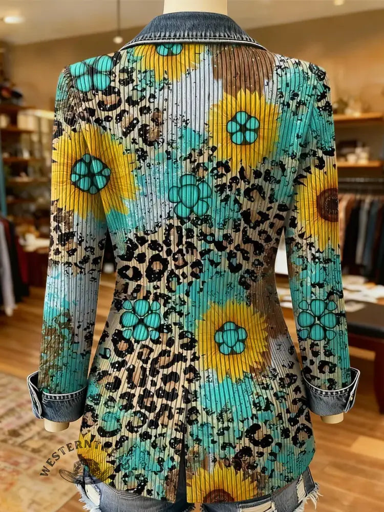 Turquoise Sunflower Leopard Print Patchwork Denim Sweater Cardigan Coat