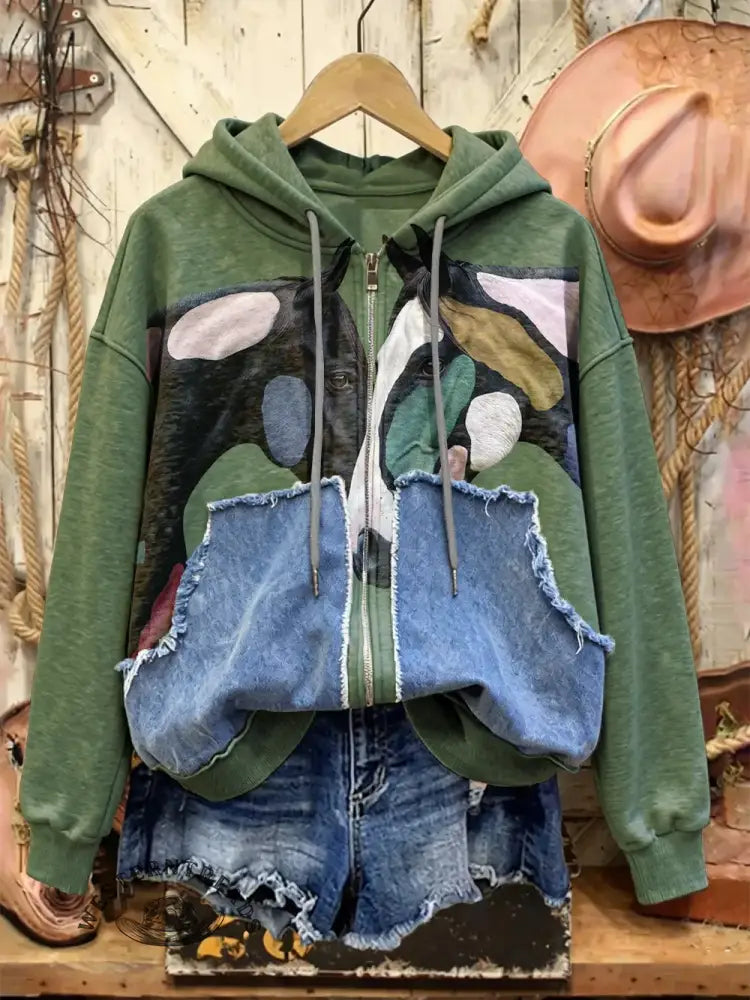 Retro Horse Print Casual Cotton Patchwork Hooded Zip-up Sweatshirt