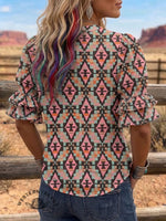 Vintage Art Print Comfortable Summer Fabrics Puff Sleeve Casual Shirt