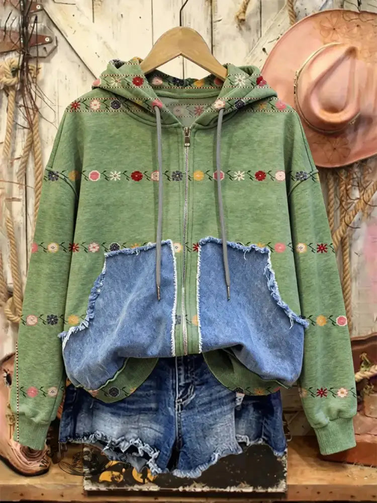 Retro Print Casual Cotton Patchwork Hooded Zip-up Sweatshirt