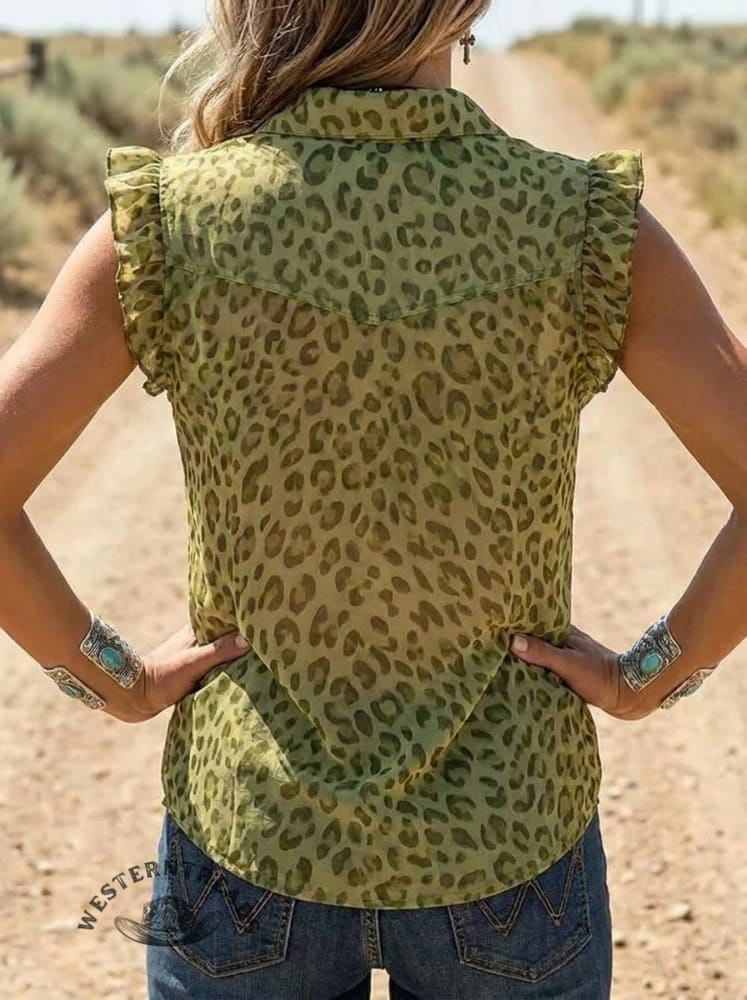 Women's Vintage Leopard Print Casual Ruffle Shirt