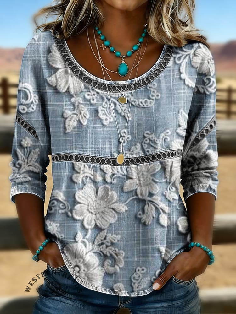 Women's Vintage Floral Print Casual Hollow-Out Denim Shirt