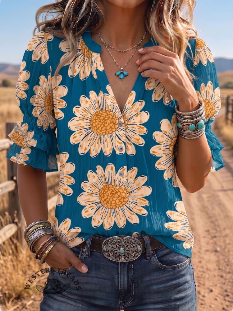 Vintage Art Print Comfortable Summer Fabrics Puff Sleeve Casual Shirt