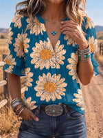 Vintage Art Print Comfortable Summer Fabrics Puff Sleeve Casual Shirt