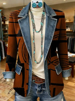 Retro Art Pattern Print Patchwork Denim Sweater Cardigan Coat