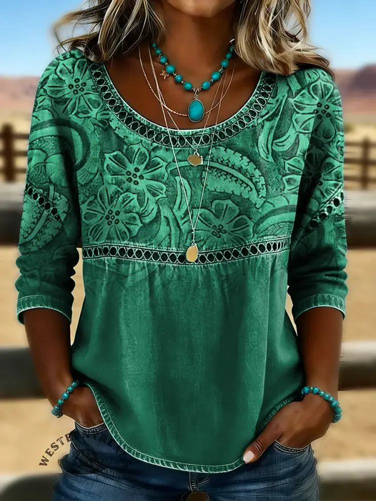 Retro Floral Print Casual Hollow Denim Shirt