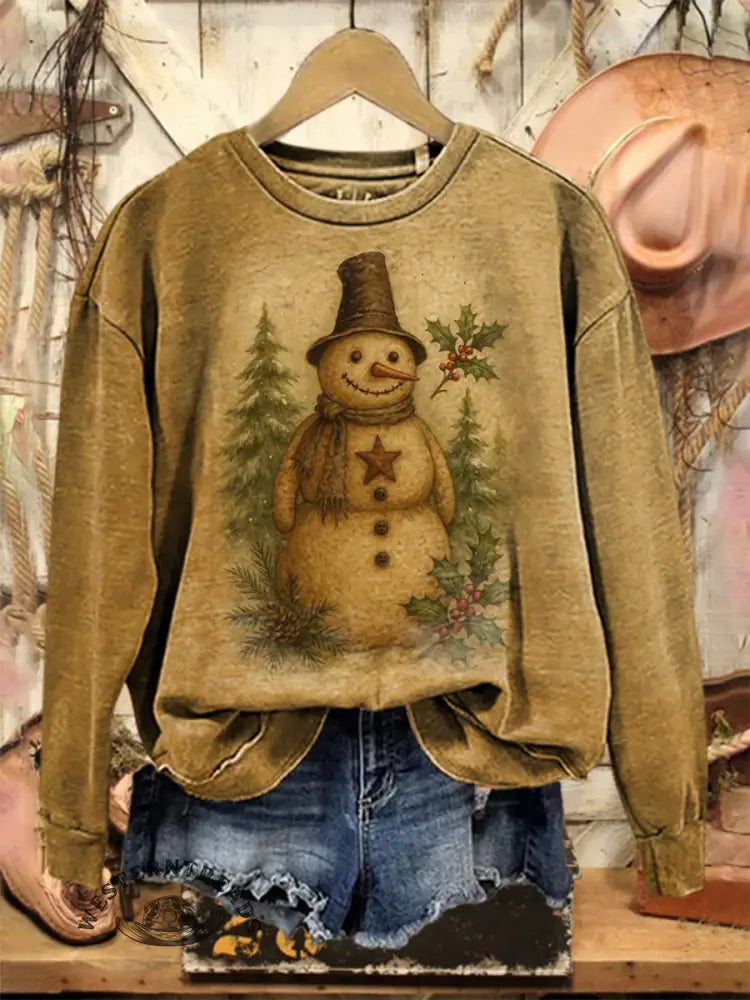 Vintage Christmas Snowman Print Casual Cotton Sweatshirt
