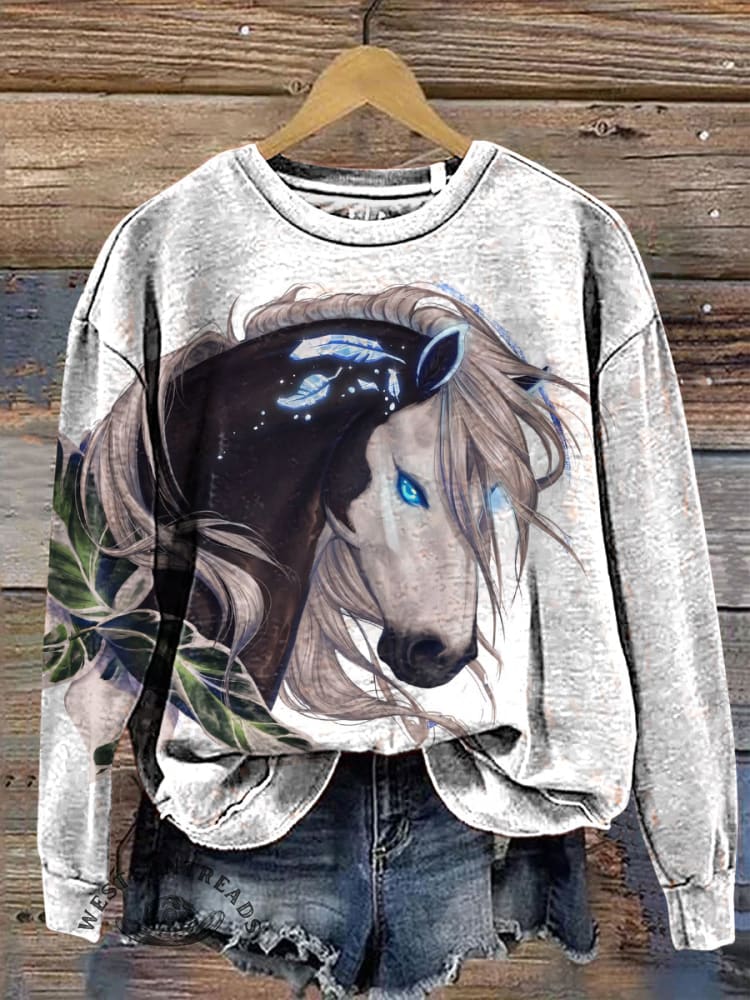 Retro Horse Art Casual Cotton Sweatshirt