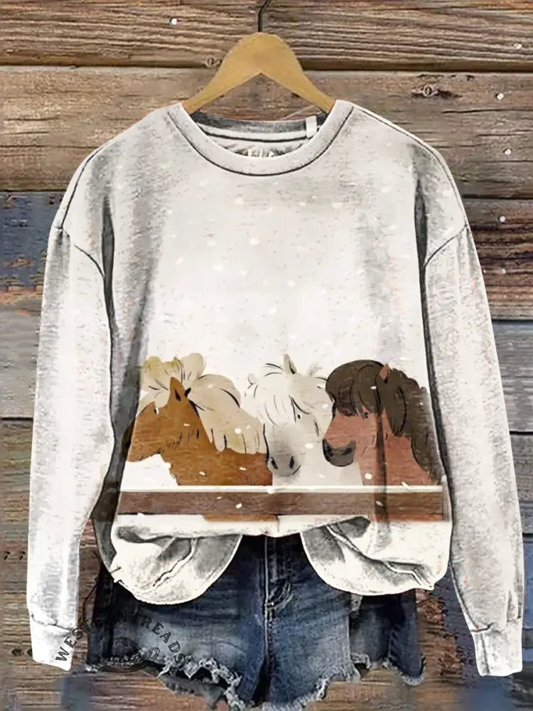 Horse And Snow Art Print Casual Sweatshirt