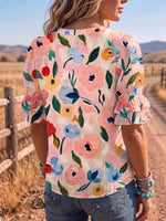Vintage Art Print Comfortable Summer Fabrics Puff Sleeve Casual Shirt