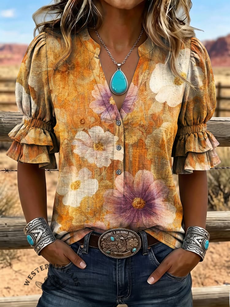 Women's Vintage Art Puff Sleeve Casual Shirt