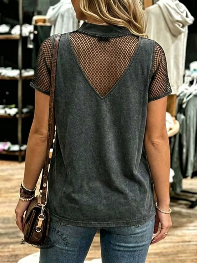 Boho Mock Neck Fishnet Inset Top