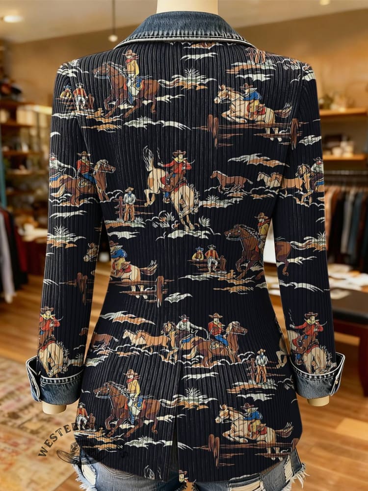 West Print Patchwork Denim Sweater