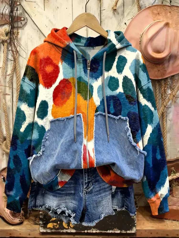 Retro Print Casual Cotton Patchwork Hooded Zip-up Sweatshirt