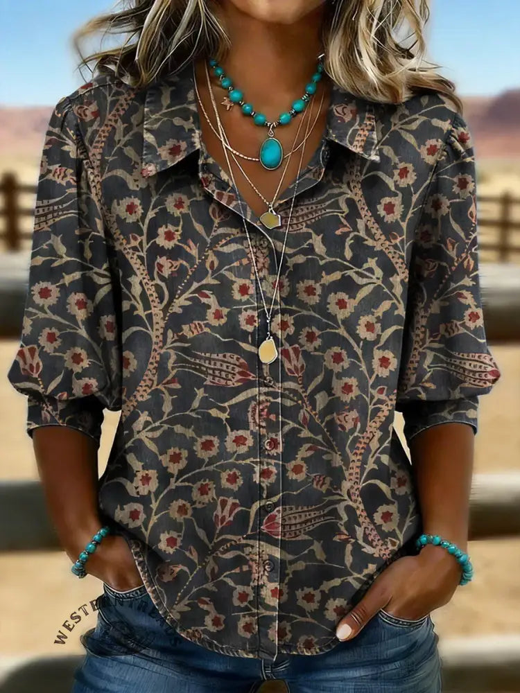 Women's Retro Floral Casual Puff Sleeve Denim Shirt