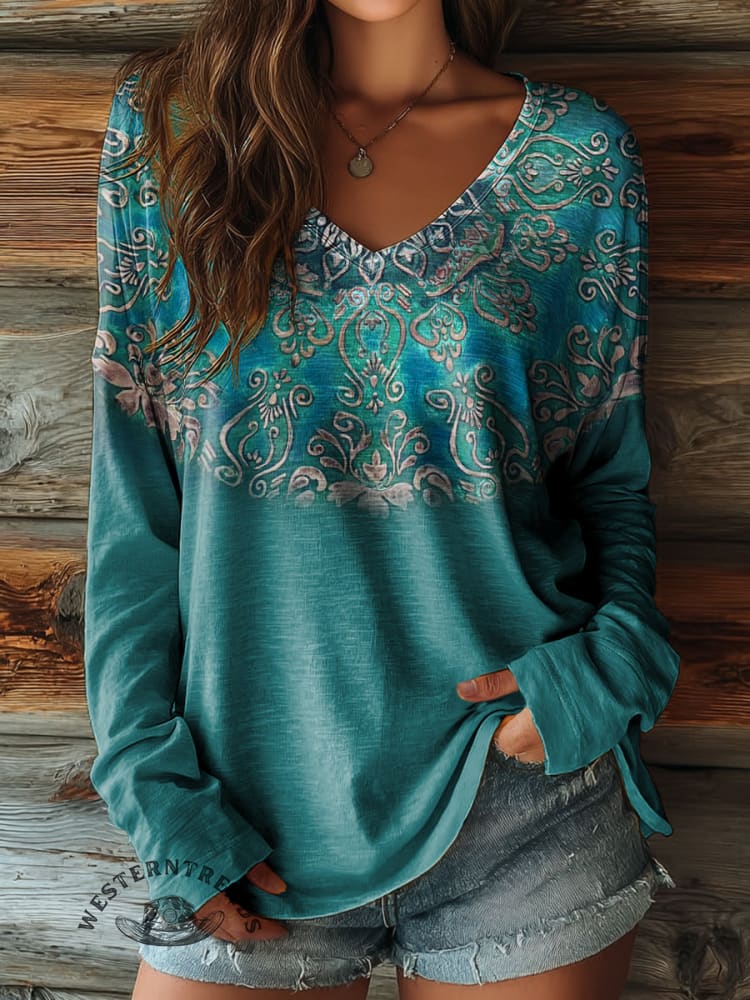 100% Cotton🍃Women's Art Print Casual V-neck Long Sleeve T-shirt