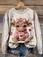 Vintage Valentine Highland Cow Art Print Casual Sweatshirt