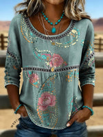 Women's Paisley Vintage Print Casual 3/4 Sleeves Hollow Denim Shirt
