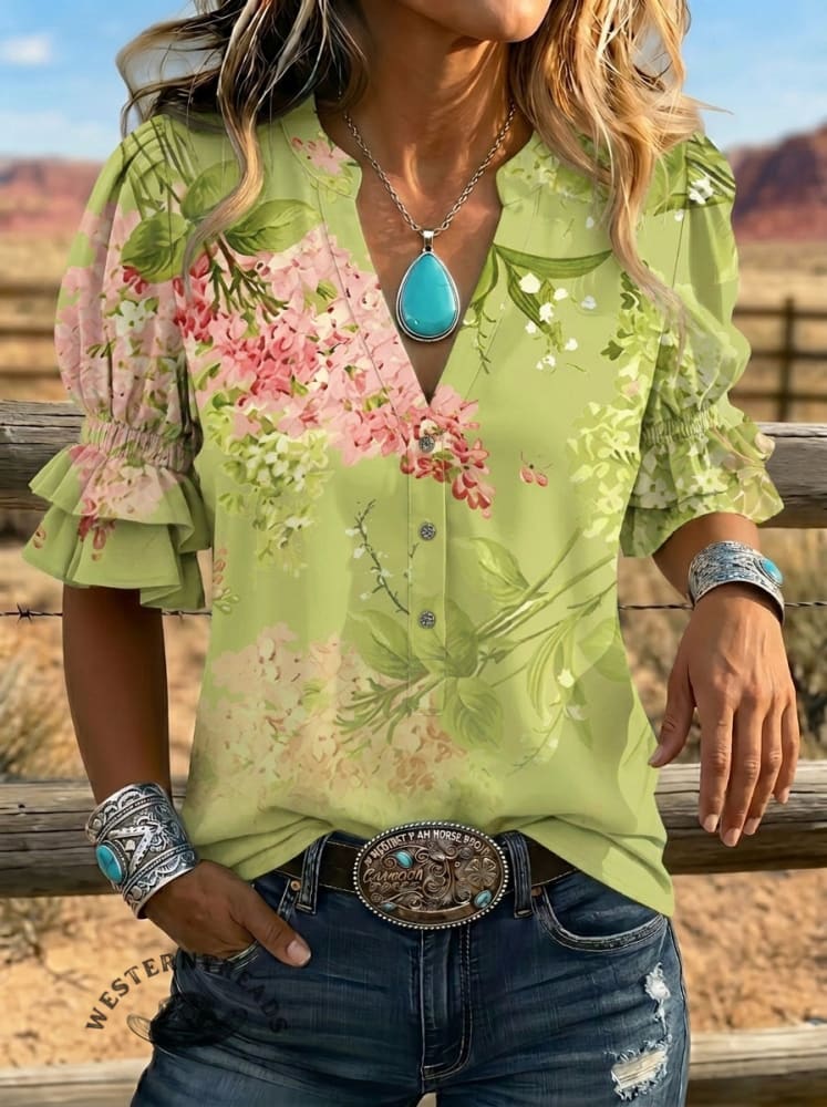 Women's Retro Floral Art Puff Sleeve Casual Shirt