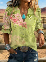 Women's Retro Floral Art Puff Sleeve Casual Shirt
