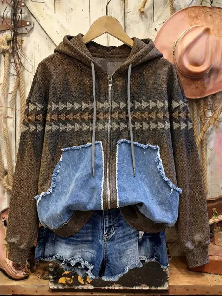 Retro Print Casual Cotton Patchwork Hooded Zip-up Sweatshirt