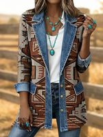 Retro Southwestern Art Print Patchwork Denim Sweater Cardigan Coat