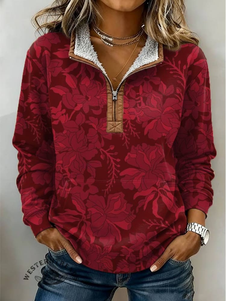 Floral Print Casual Half-zip Cotton Sweatshirt