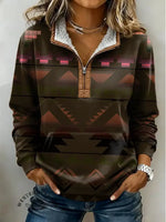 Retro Aztec Print Casual Half-zip Cotton Sweatshirt