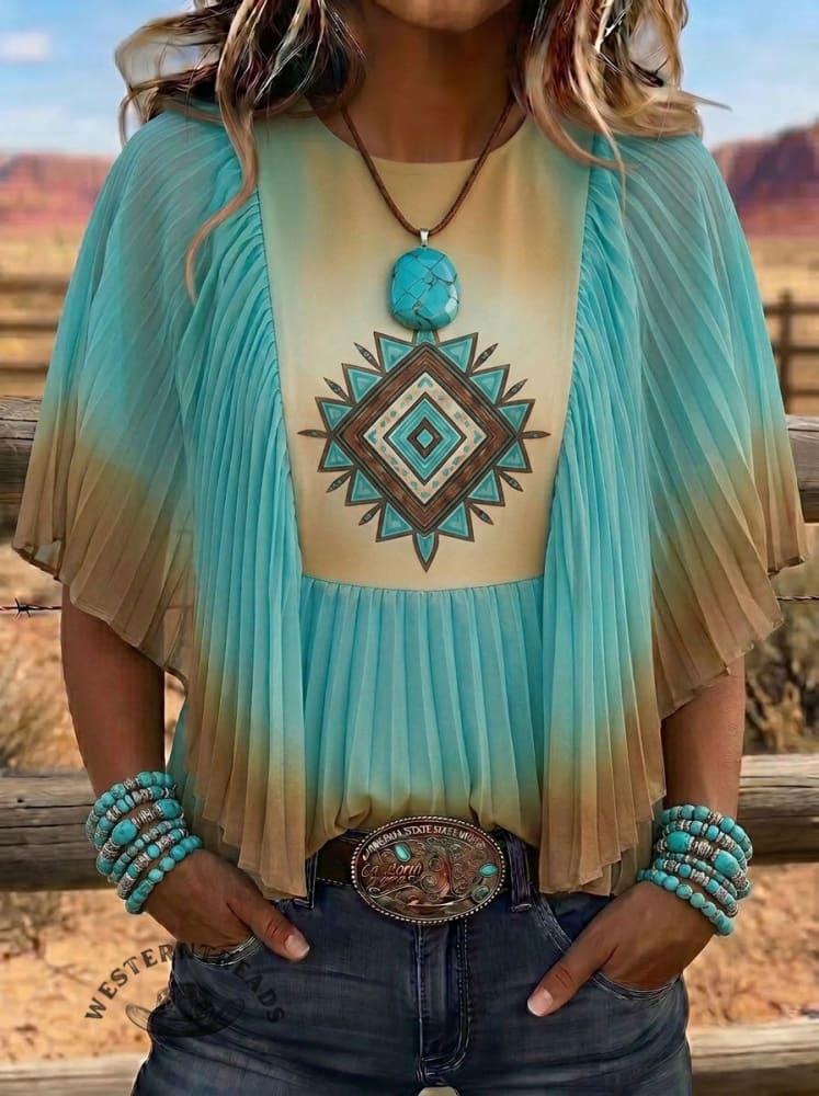 Vintage Western Aztec Print Ombre Pleated Cape Top