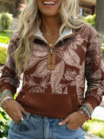 Floral Print Casual Half-zip Cotton Sweatshirt