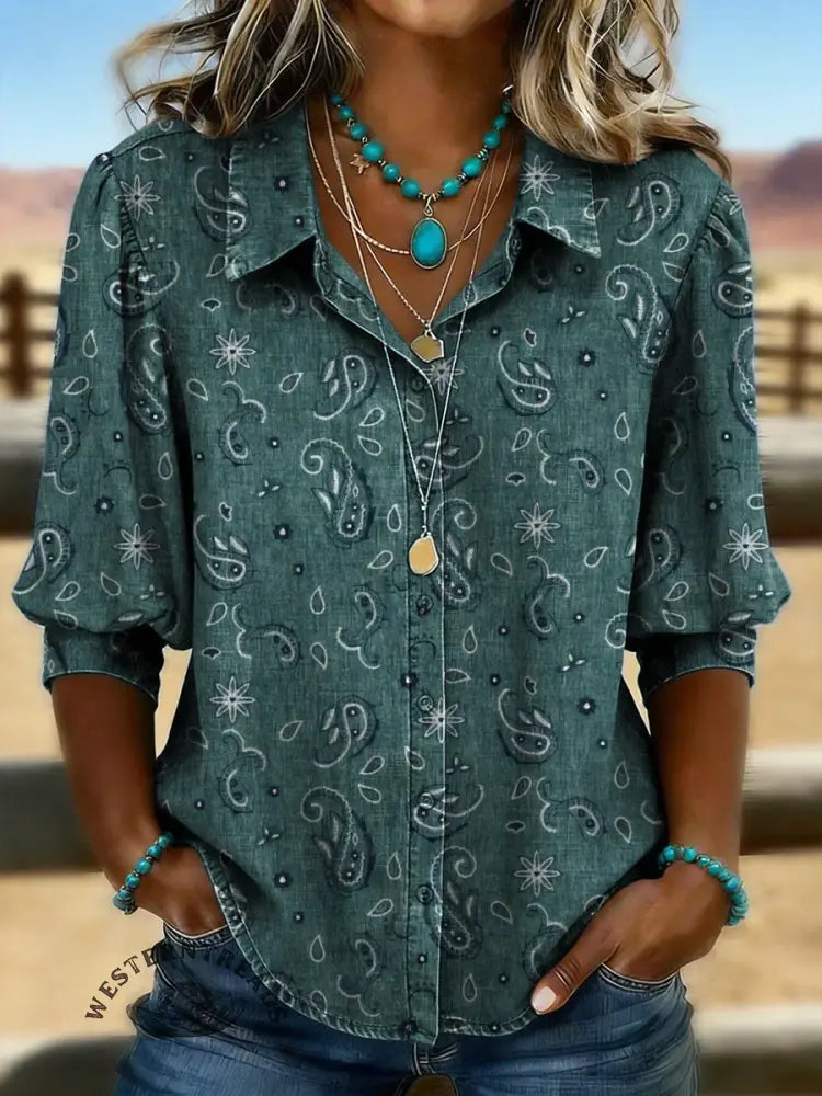 Women's Retro Floral Casual Puff Sleeve Denim Shirt