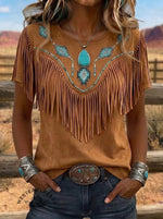 Women's Vintage Aztec Print Casual Tassel Patchwork Western Top