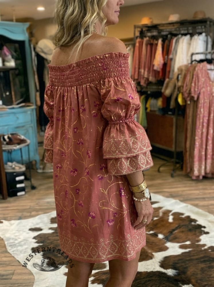 Women's Vintage Art Print Casual Off-shoulder Puff Sleeve Ruffle Dress