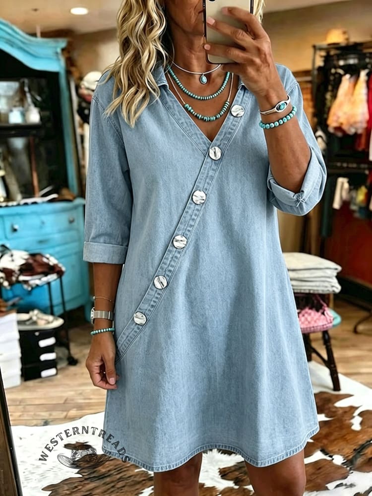 Women's Vintage V-neck Patchwork Denim Dress