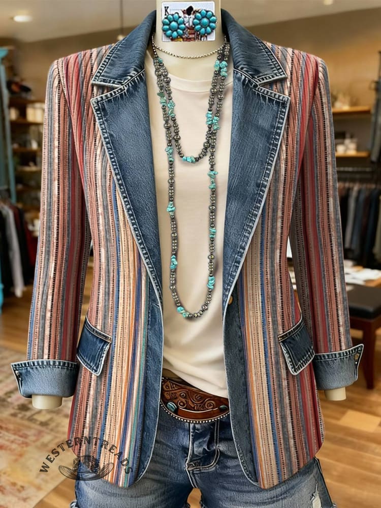 Stripe Print Patchwork Denim Sweater