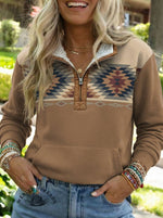 Aztec Print Casual Half-zip Cotton Sweatshirt