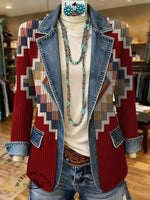 Aztec Art Print Patchwork Denim Sweater