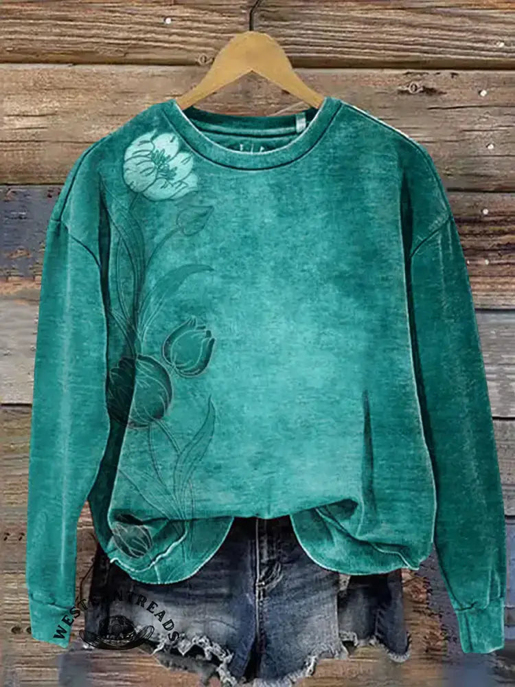 Retro Flower Casual Cotton Sweatshirt