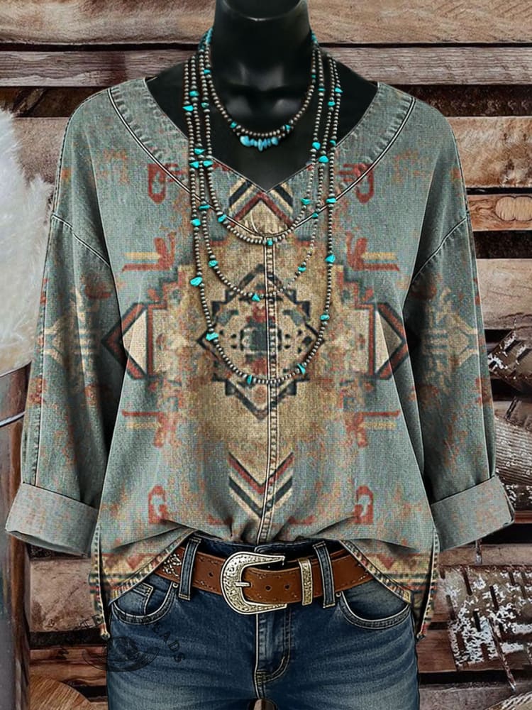 Vintage Aztec Casual Denim Top