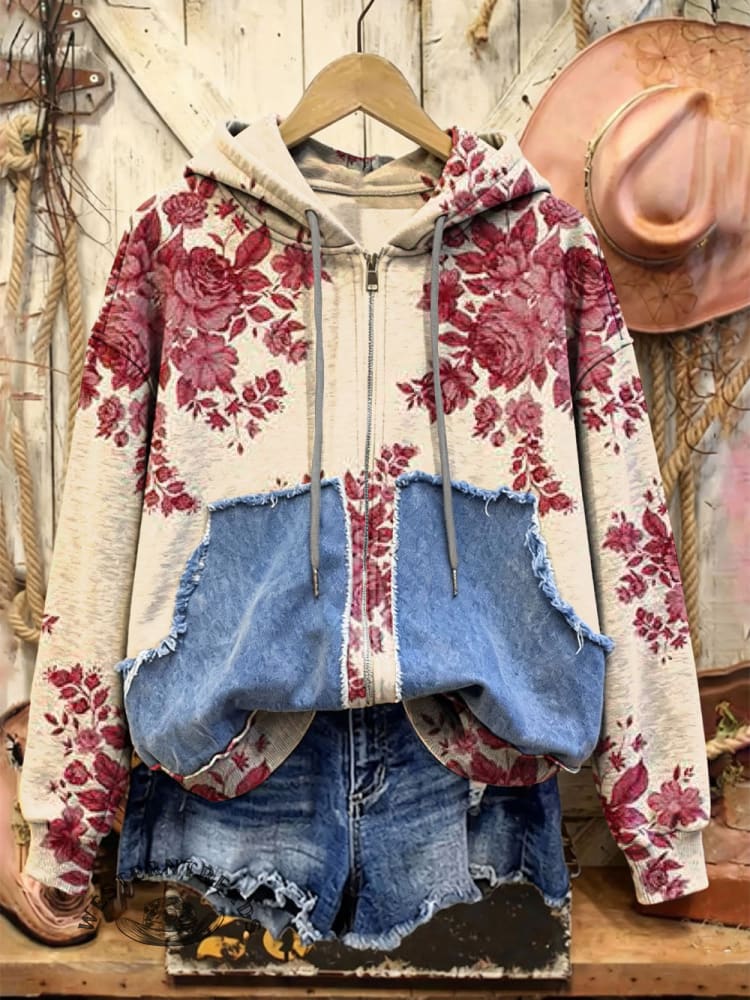 Retro Print Casual Cotton Patchwork Hooded Zip-up Sweatshirt