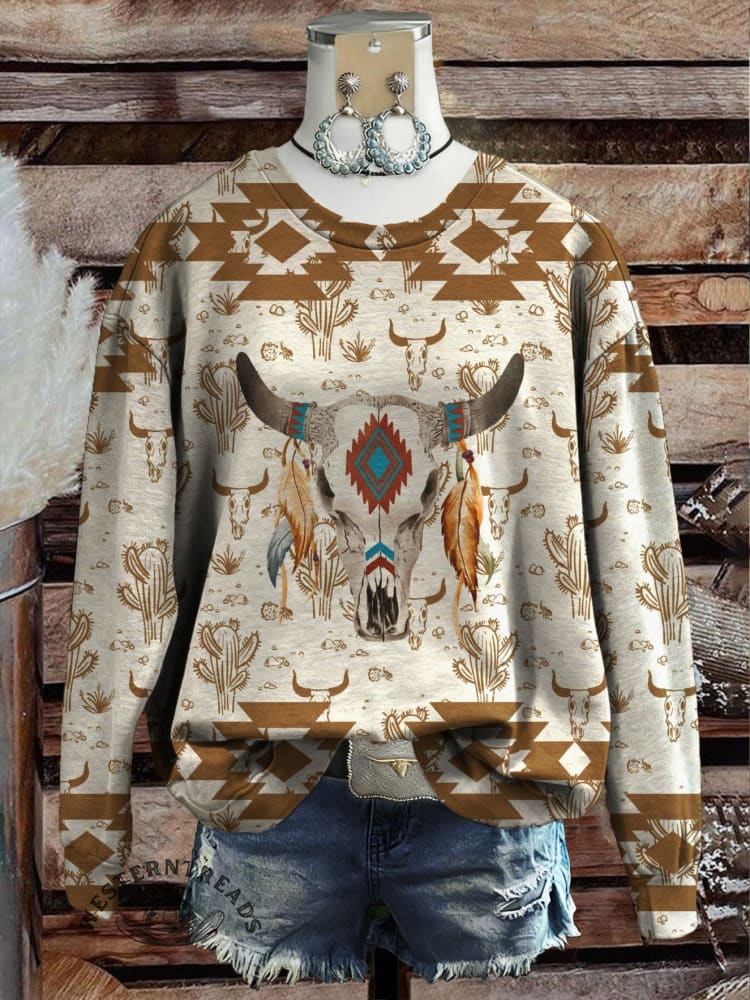 Vintage Western Art Print Casual Cotton Sweatshirt