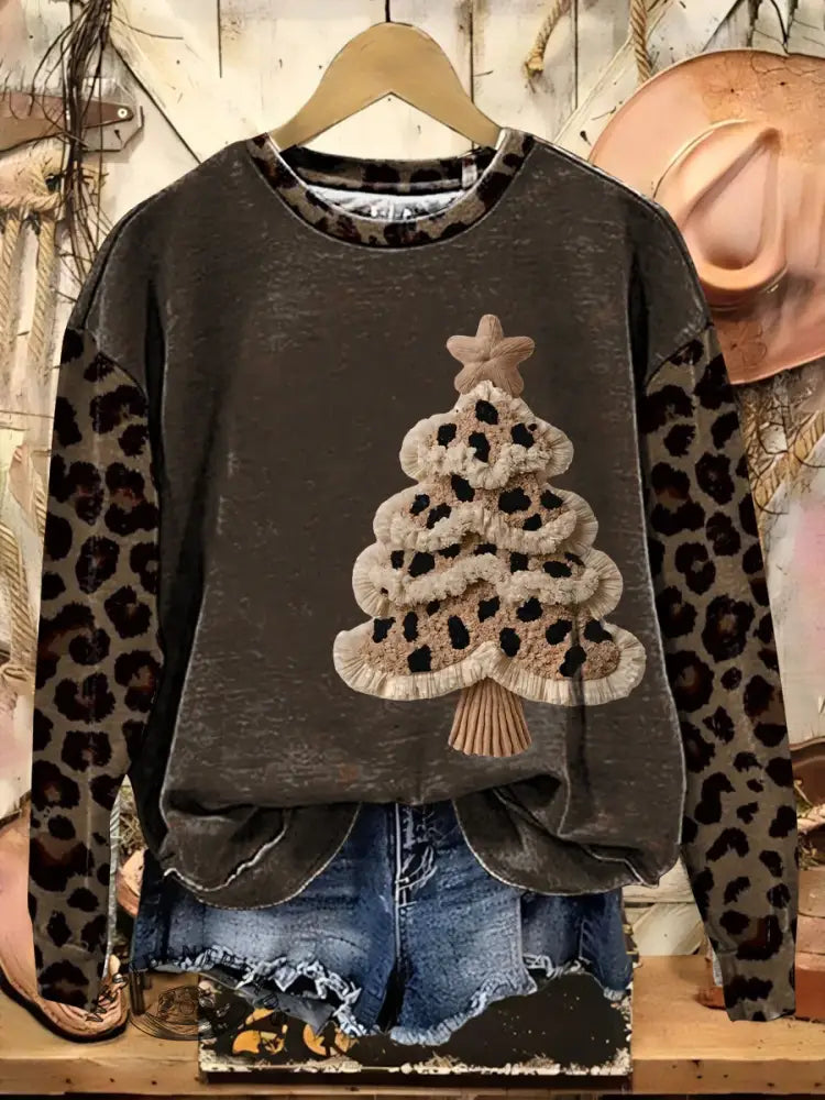 Retro Christmas Tree Art Casual Cotton Sweatshirt