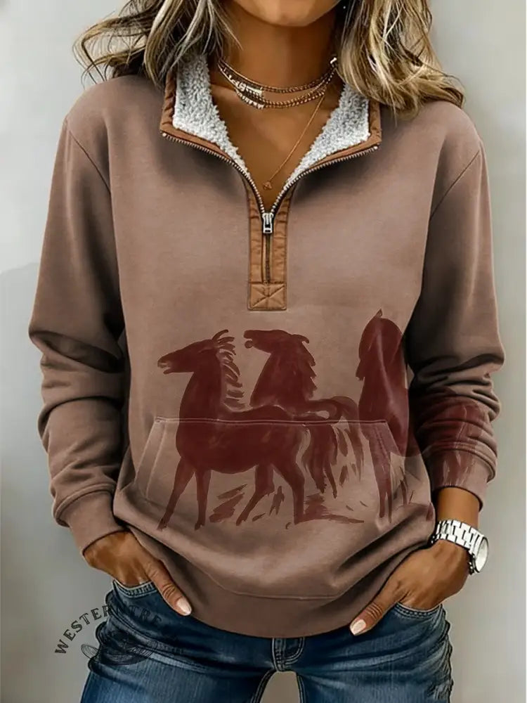 Horse Art Print Casual Half-zip Cotton Sweatshirt