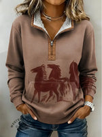 Horse Art Print Casual Half-zip Cotton Sweatshirt